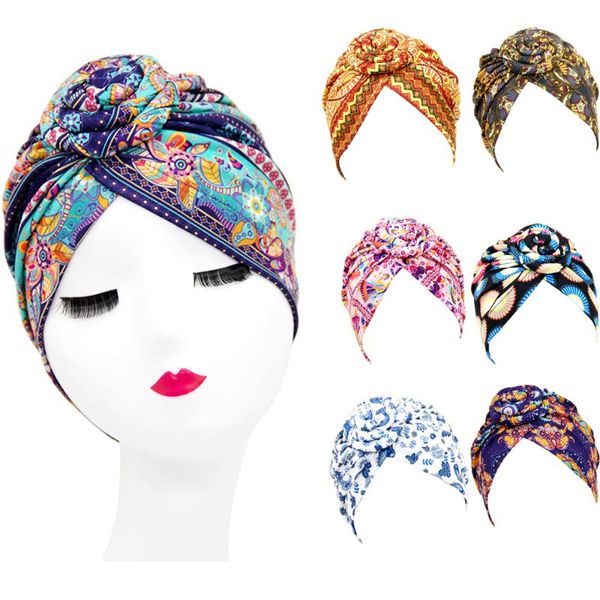 

arab wrap women head scarf turban caps trendy printed bonnet Bohemian ethnic inner hijabs for cap muslim headdress, Blue;gray