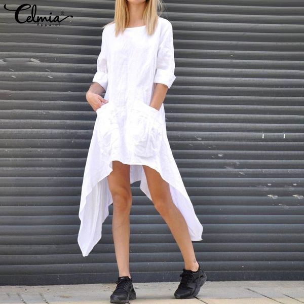 

fashion asymmetrical shirt dress women's solid vintage linen 2020 celmia female casual loose party midi vestidos plus size, Black;gray
