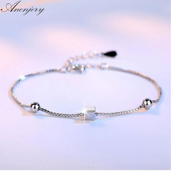 

anenjery simple fashion 925 sterling silver bracelets square star beads box chian bracelets & bangles for women pulseira s-b92, Black