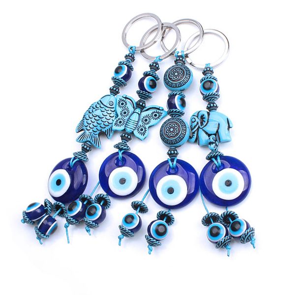 

1pc turkey evil eye blue keychain 4 style resin animal fish elephant butterfly 14mm evil eye blue beads with glass round key, Silver