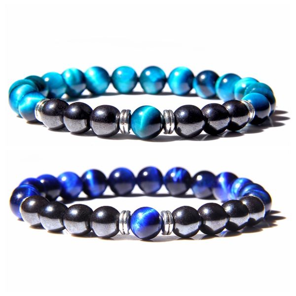 

men bracelet natural stone tiger eye 8mm round hematite beads elastic charm braclet for male yoga handmade jewelry homme bijoux, Black