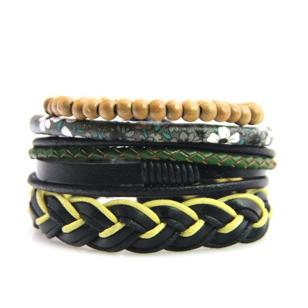 

tennis 4pcs 1 set leather bracelet men wide multilayer women wrap charm genuine bracelets beads, Golden;silver