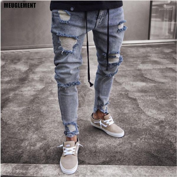

slim fit ripped jeans men hi street hip hop mens trousers denim joggers pants knee holes washed destroyed jeans1, Blue