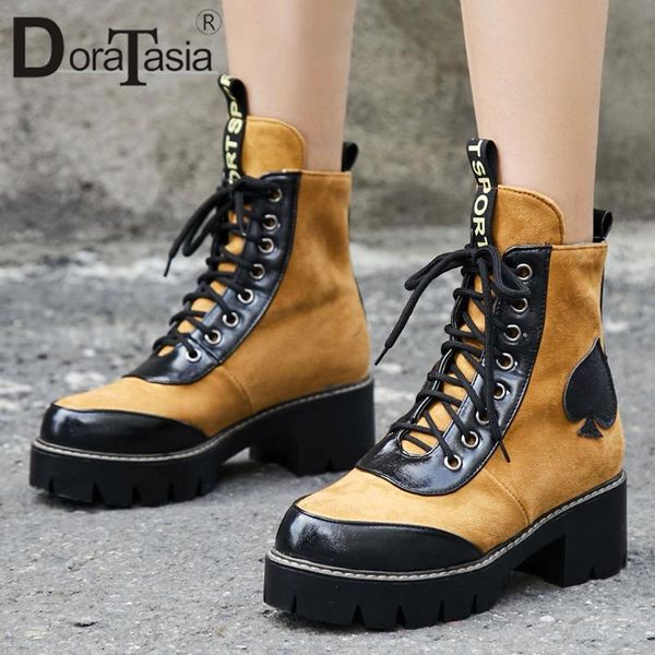

doratasia big size 34-43 female ankle boots 2020 fashion boots women round toe platform square high heels cross tied shoes woman, Black