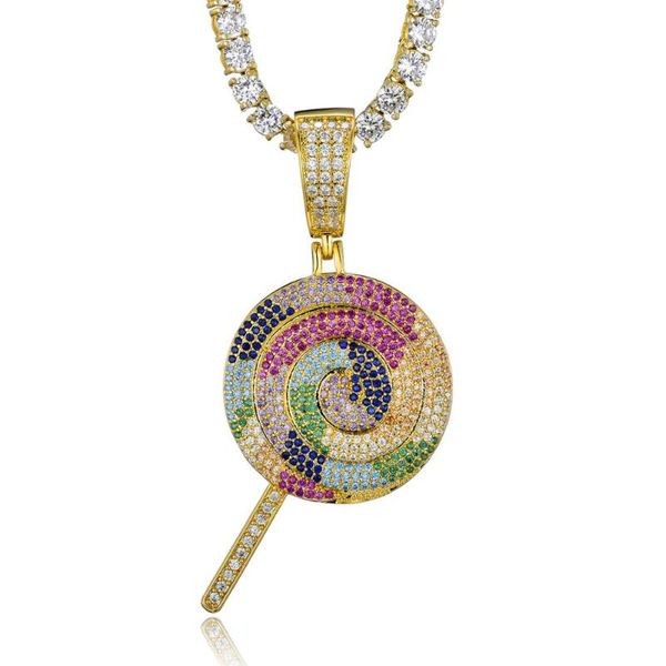 

hip hop paved full + cubic zirconia out iced bling rainbow lollipop pendants necklaces for men rapper jewelry drop shipping, Silver