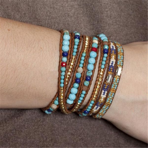

tennis kelitch genuine leather 5 strands wrap bracelet healing stone handmade bracelets women mixed beaded, Golden;silver