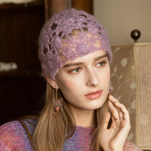 

x037 hand-woven wool hats breathable woolen cap autumn flower knitted hollow-out all-match hood green hats adjust, Blue;gray