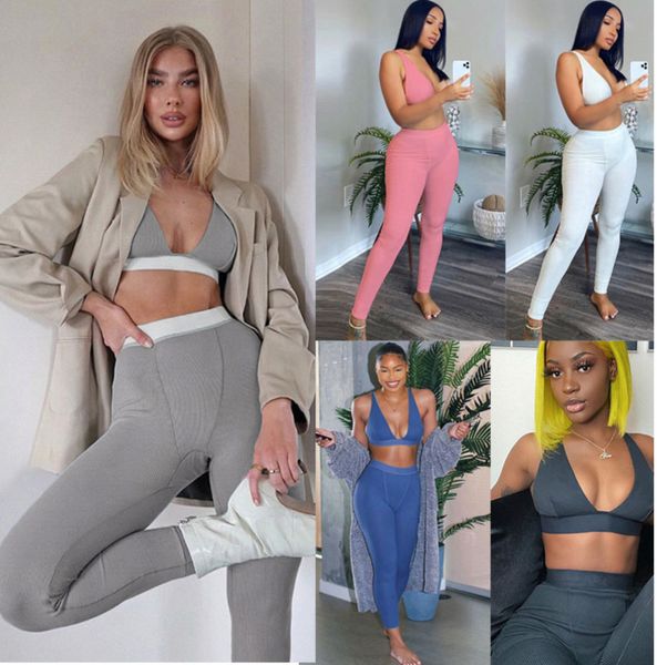 

women tracksuits sport 2 two piece set deep v bra high waist leggings pants suit casual sportswear jogging nightclub clothing j895, Gray