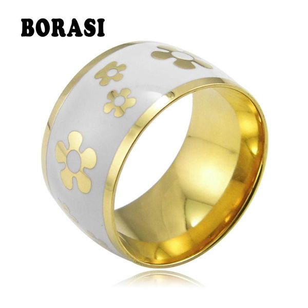 

new arrival luxury fashion enamel jewelry stainless steel rings for women fashion pretty charm flower gold-color big ring 1.4cm, Golden;silver