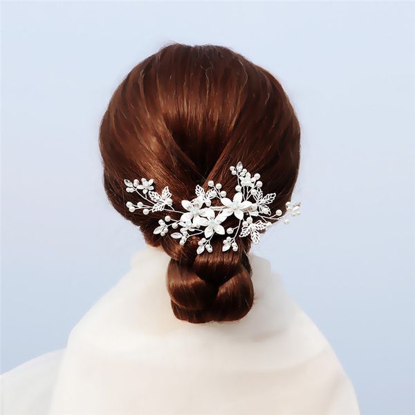 

okily luxury crystal hair accessories for prom bridal wedding headdress alloy flower and hollow up leaf elegant pearl hairclip, Golden;silver