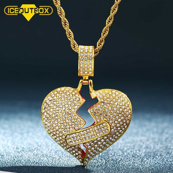 

iceoutbox bling iced out broken heart pendant necklace for women men's hip hop jewelry cubic zirconia gold heart pendant chain, Silver