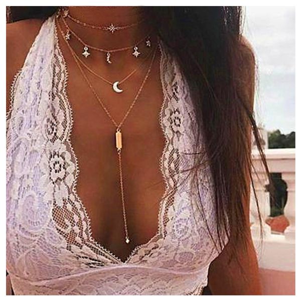 

4pcs/set exquisite women necklaces moon star crystal pendant clavicle chain multilayer gold long necklace set fashion jewelry, Silver