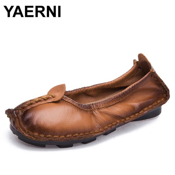

yaerni autumn vintage style handmade casual flat shoes women slip on loafers soft genuine leather women shoes flats moccasins, Black