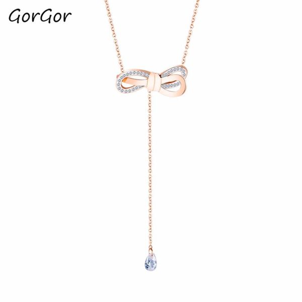 

pendant necklaces gorgor style bow tassel water drop titanium steel rose gold plated zirconia all-match women's choker necklace 1534, Silver