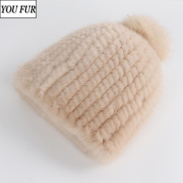 

2020 lady winter outdoor real hat natural knitted warm cap with fur pompoms women 100% real hats, Blue;gray