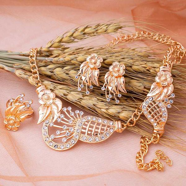 

fashion rose flower jewelry set gold color necklace earring ring bridal sets luxury rhinestone net jewelry women wedding party, Silver