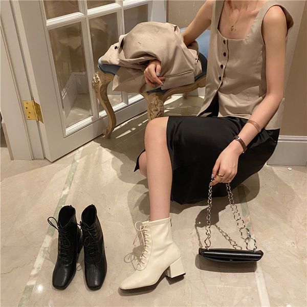 

med heel boots women shoes autumn winter footwear boots-women lace up booties woman 2020 high heels rubber rock ankle stiletto, Black
