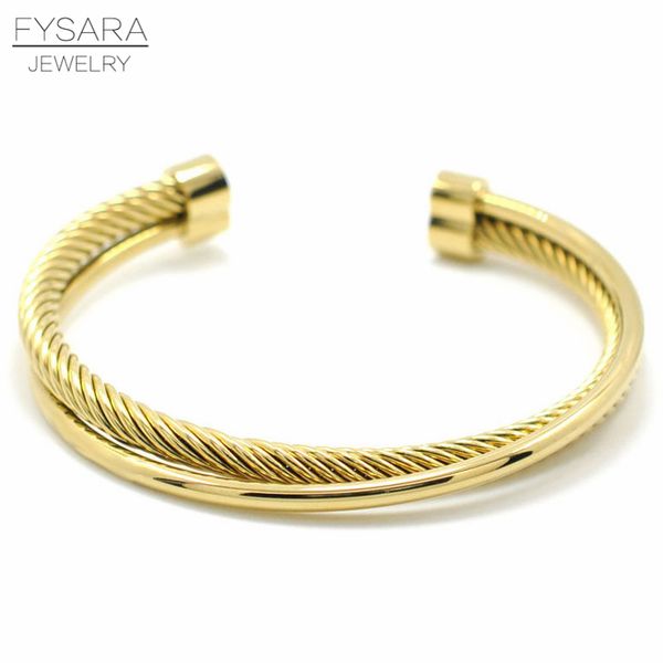 

fysara twisted cable wire cuff bracelets & bangle for men women accessories stainless steel gold color wrist pulseiras wholesale, Black