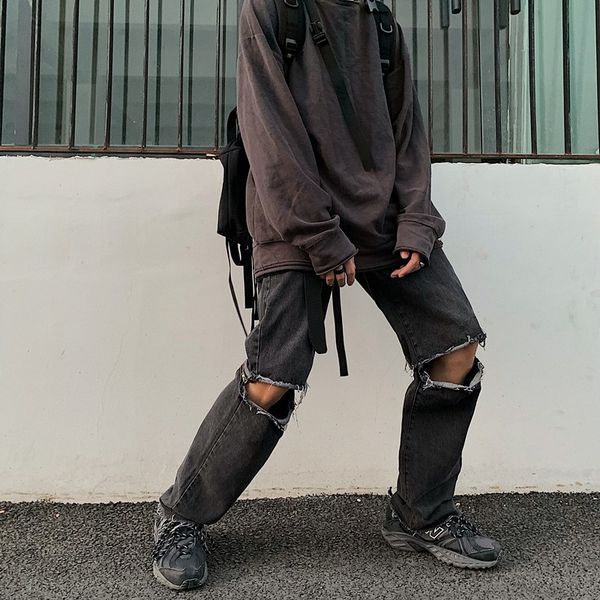 

men's jeans hip hop fashion hole vintage pantalon homme jean streetwear 2021 solid washed baggy pant korean autumn mens loose, Blue