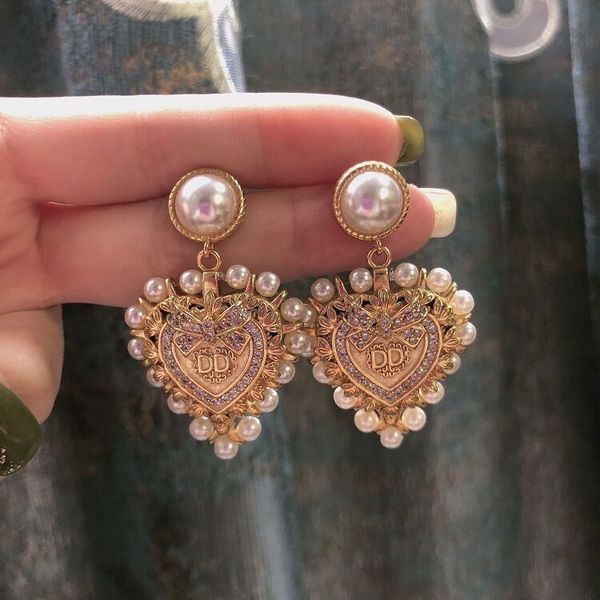 

d home/di home 2020 new diamond heart pearl earrings fashion internet celebrity temperament brass material, Silver
