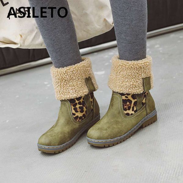 

asileto big size 34-46 snow winter ankle boots for women low heels round toe fur botas warm plush leopard shoes woman bottes, Black