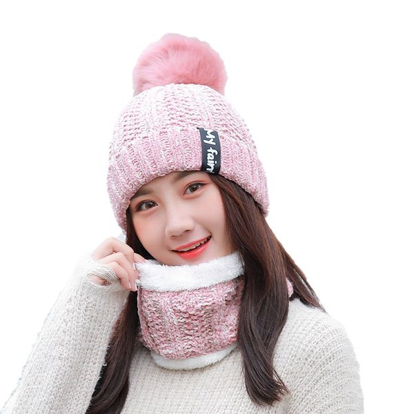 

4colors winter women knit beanie hat fashion warm pom pom windproof hat 2pc warm ski cycling cap scarf set for ladies, Blue;gray
