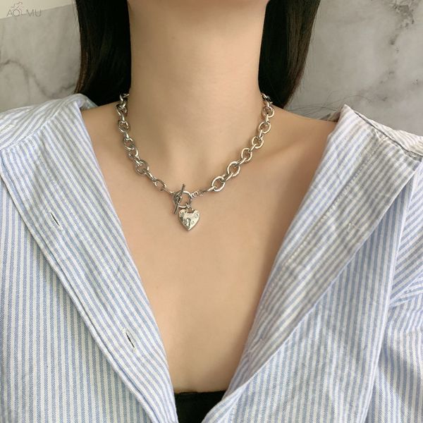 

aomu 2020 retro fashion korean thick chain necklace heart shaped ot buckle pendant collarbone chain for women party jewelry, Silver