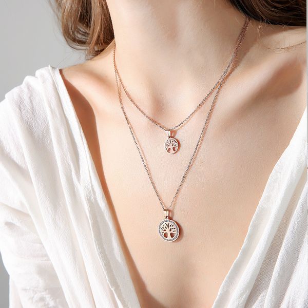 

tree of life double titanium steel collarbone chain for women round plant inlaid rhinestone fashion jewelry pendant necklaces, Silver