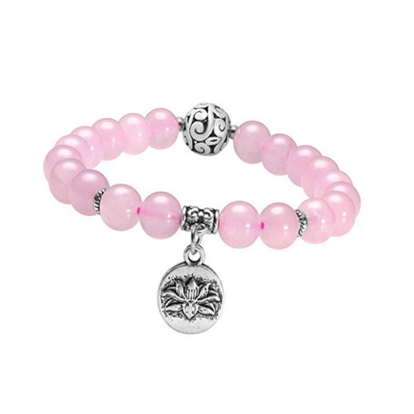 

silver plated blooming lotus flower connect rose pink quartz round beads elastic bracelet tiger eye stone temperament jewelry, Black