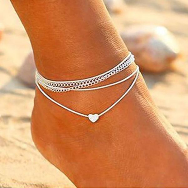 

women anklets simple heart barefoot crochet sandals bohemian beach foot jewelry silver layered anklet ankle bracelet on leg, Red;blue