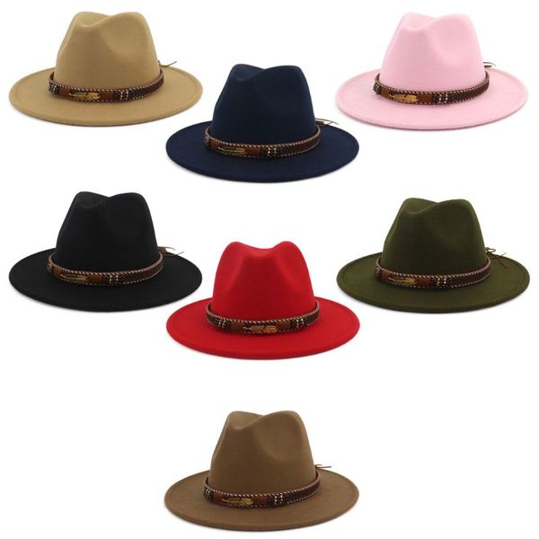 

men women vintage ethnic felt shallow fedoras hat with woven belt buckle sunscreen wide brim formal floppy trilby jazz cap, Blue;gray