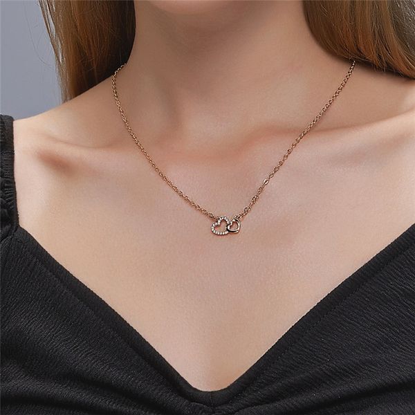 

15pcs/lot european crystal love necklaces double heart pendant clavicle chains for women valentine's day gift copper jewelry accessorie, Silver