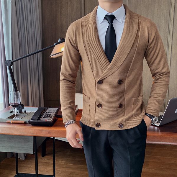

korean slim fit v neck double breasted cardigan men clothing fashion 2020 front pockets decor knitted sweater coat streetwear, White;black
