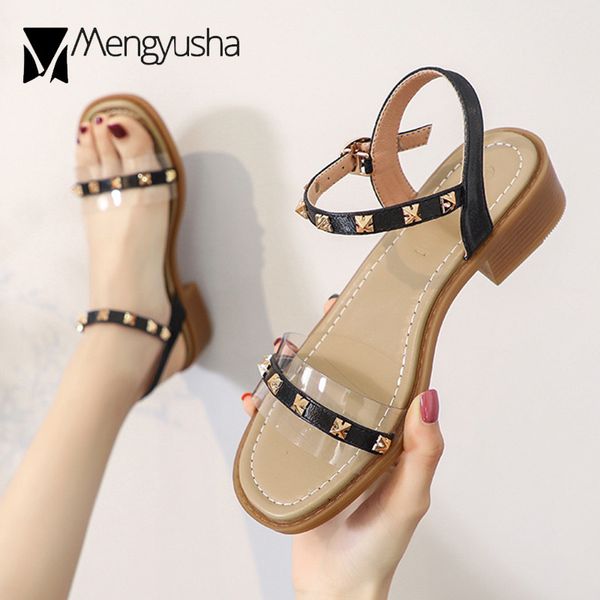 

metal rivets patchwork transparent band women sandals chunky med heels shoes woman studs buckle band gladiator sandalias 2020, Black