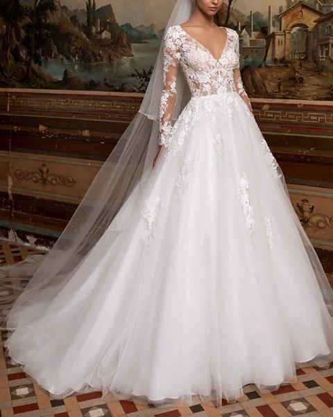 

A-Line Wedding Dresses V Neck Sweep / Brush Train Lace Tulle Long Sleeve Plus Size Illusion Sleeve with, White