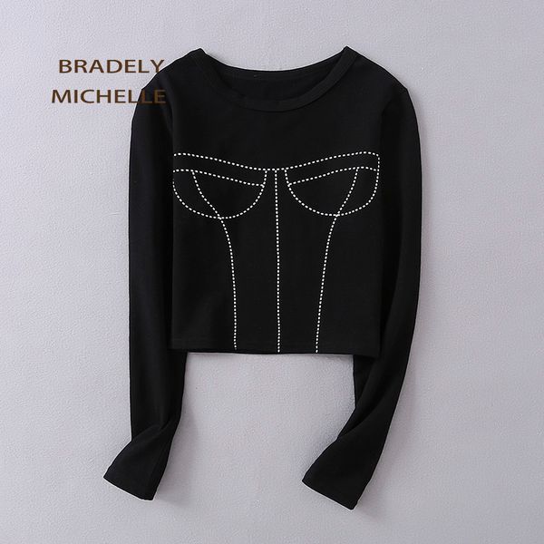 

women's t-shirt 2021 summer autumn women short crop club fashion long-sleeve o-neck printed elastic, White