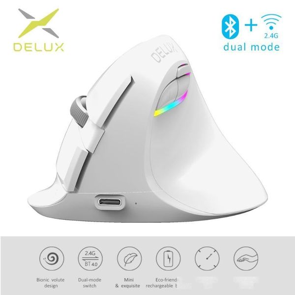 

delux m618 mini wireless white mouse bluetooth 4.0 2.4ghz dual mode ergonomic rechargeable silent click vertical mice for pc