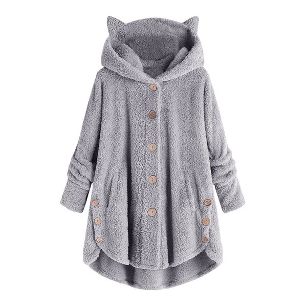 

women fluffy coat loose hoodie sweatshirt solid winter kawaii cat ear hooded hoodie buttons fleece jackets tracksuit coat plus, Black