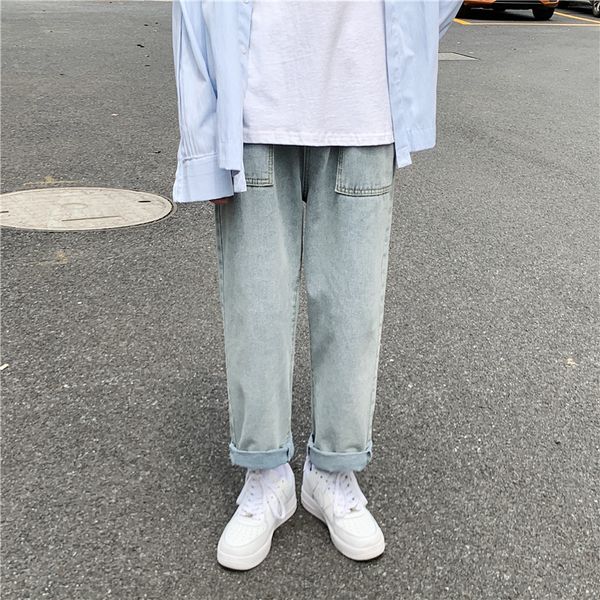 

men's jeans retro 2021 straight loose pants trend solid color trousers all-match nostalgic clothing cool, Blue