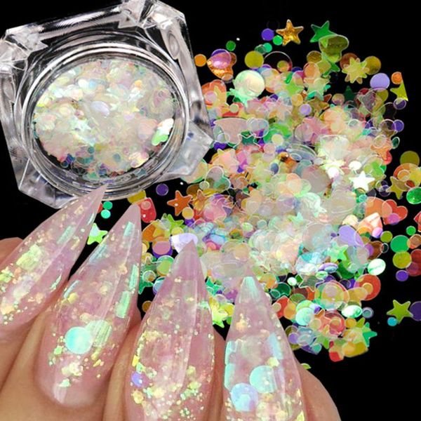 

holographic ab nail glitter flake star heart flower paillette slider uv gel polish colorful sequin nail art decoration ntab01-15, Silver;gold