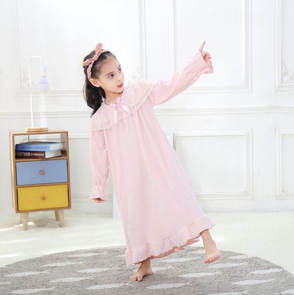 

spring girls nightgown pink flannel long night dress for girls european loose soft kids sleepwear lace homewear pajamas, Blue;red