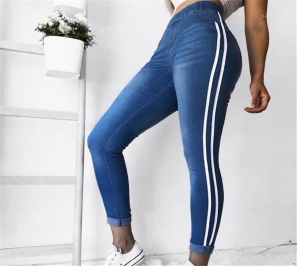 

striped plus size long jeans new arrival 5xl women skinny jeans mid waist pencil pants pocket, Blue