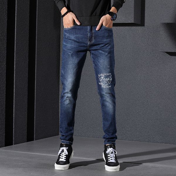 

men's jeans 2021 pants straight tube loose fit small feet dark blue casual