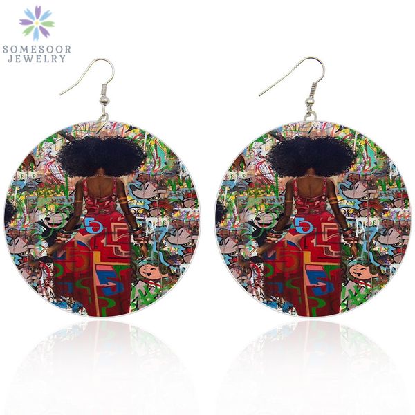 

dangle & chandelier somesoor printed urban mannerisms african wooden drop earrings afro natural hair woman graffiti both sides painting jewe, Silver