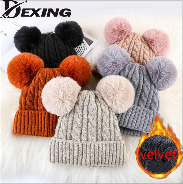 

beanie/skull caps fashion women two fur pompom winter hat cap thickened warm plus velvet faux pom cable knitted skullies beanie, Blue;gray
