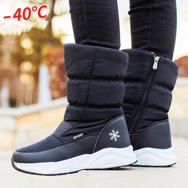 

boots waterproof winter women thick plush warm snow mid-calf platform shoes for simple print non-slip botas, Black