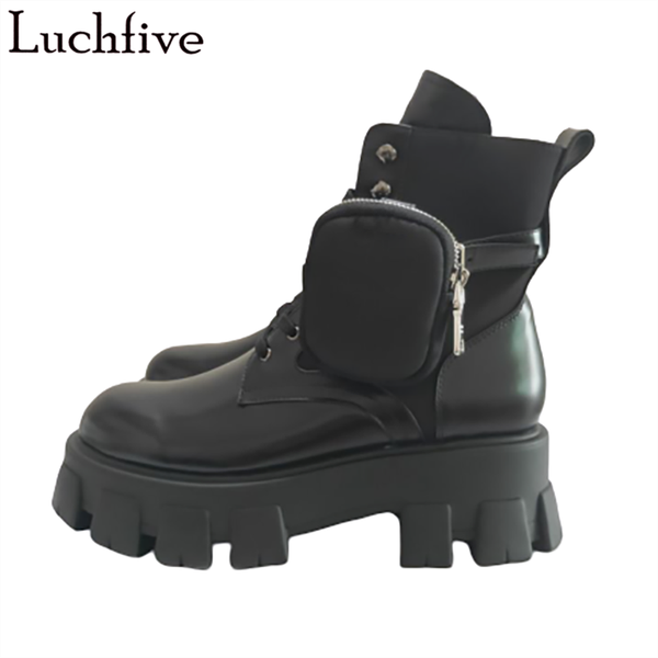 

genuine leather pocket ankle boots thick sole shoes woman round toe lace up boots femme black short women