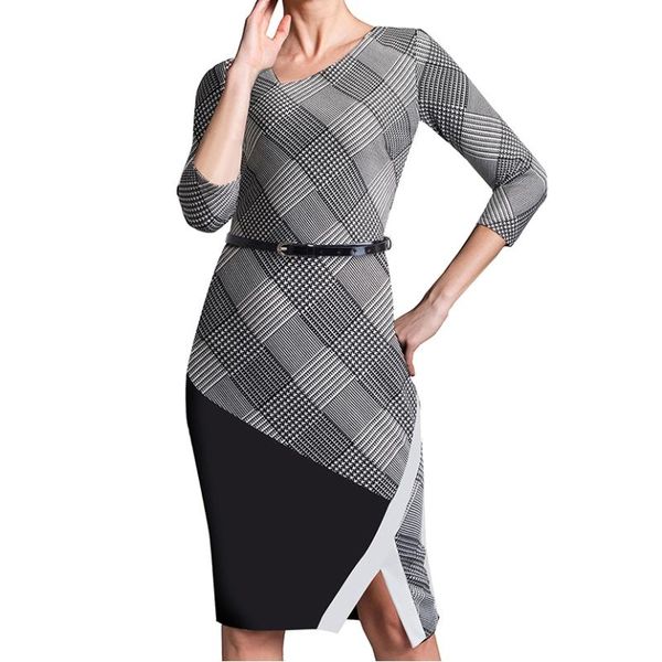 

women 3/4 sleeves slit floral print houndstooth polka dots knee long pencil dress, Black;gray