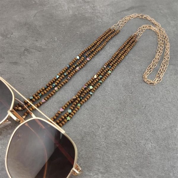

women fashion golden chain eyeglass eyewears sunglasses reading glasses wood bead cord holder neck strap rope for mask, Silver