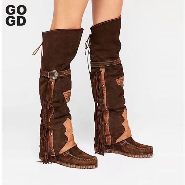 

gogd]2020 suede over the knee flat boots winter sewing thread tassel runway shoes round toe lace up belted boots warm genuine, Black